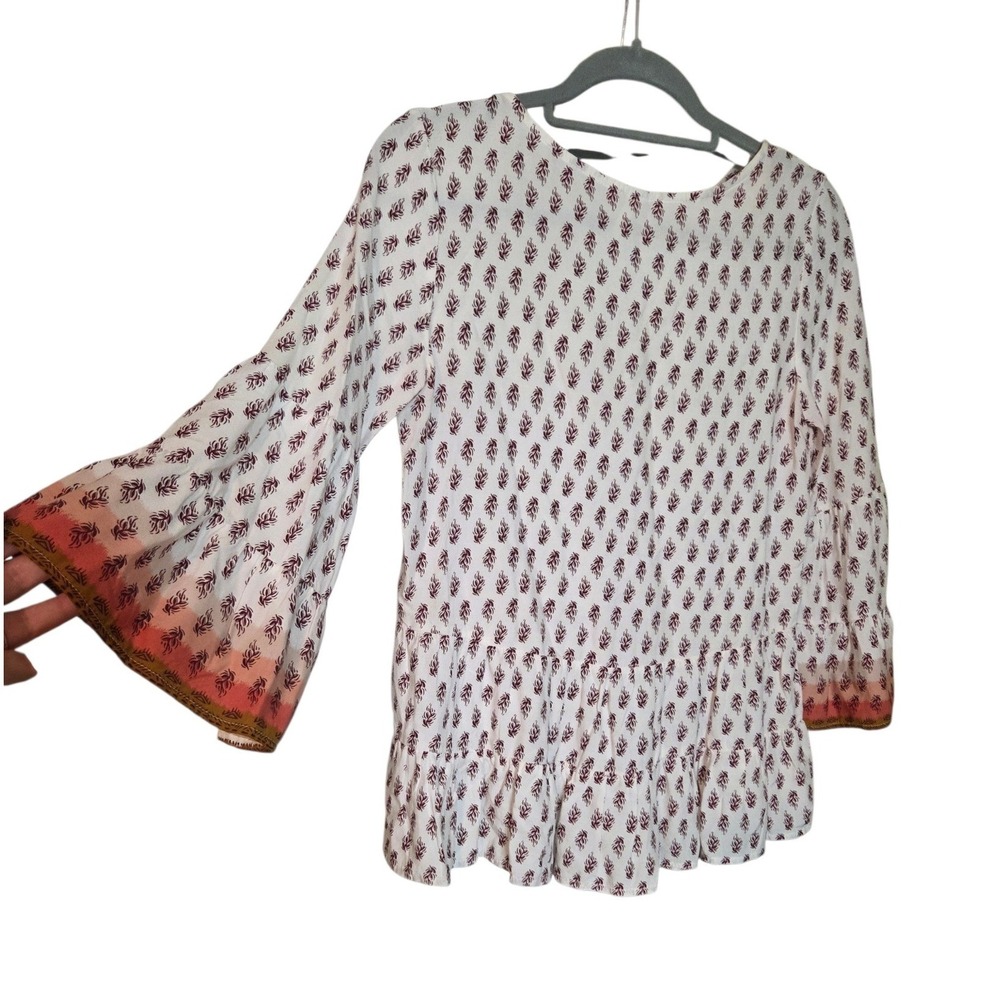 Mudd Womens XS Boho Peasant Blouse Bell Sleeve Peplum Lace‎ Up Tassel Top White